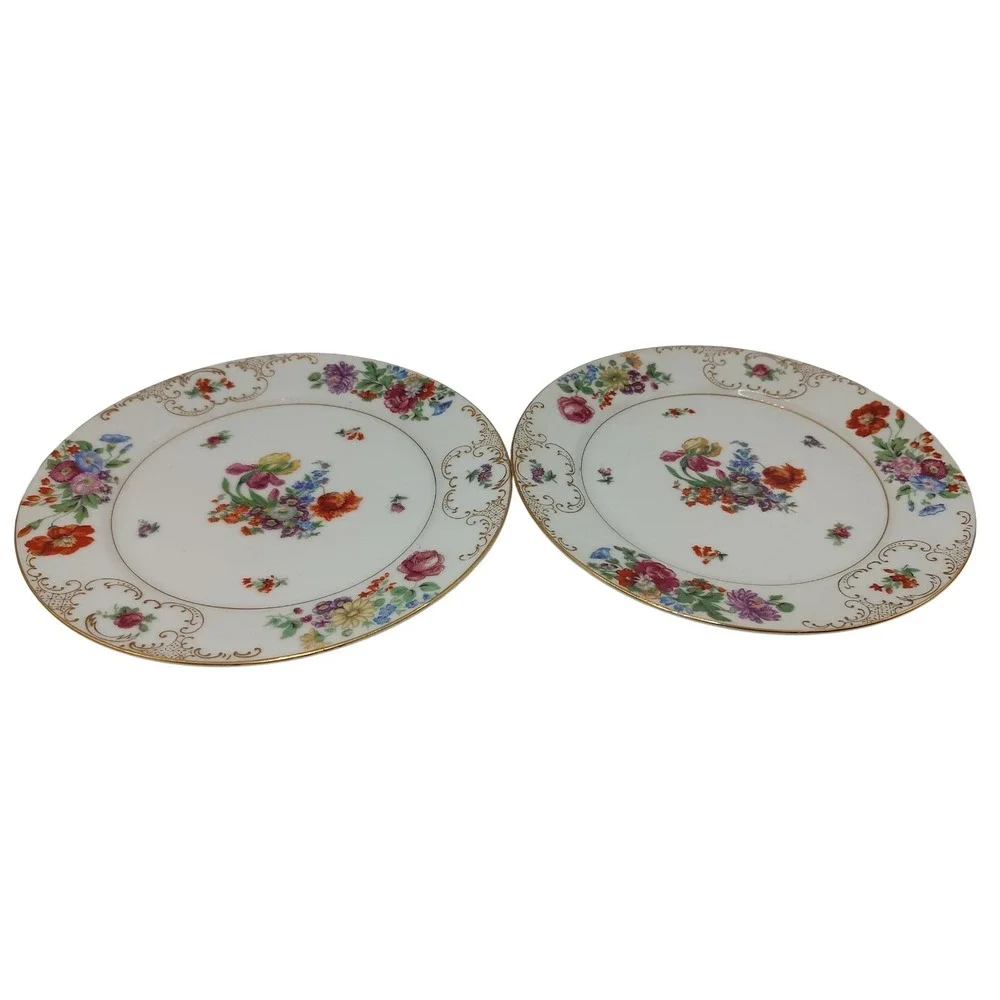 Vintage SGK China Salad Plate Floral Pattern‎ Gold Trim Scroll Set of Four